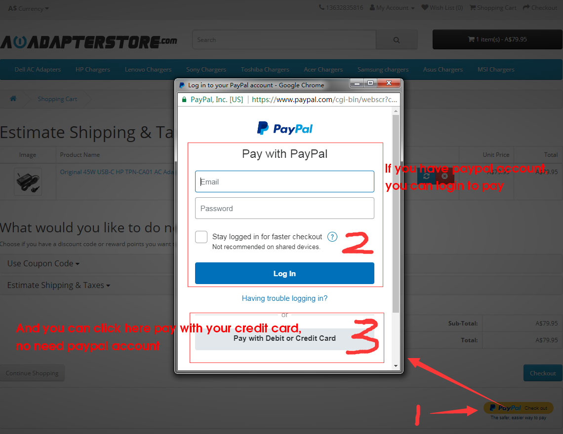 Pay with paypal & no need paypal account,can use credit card to pay
